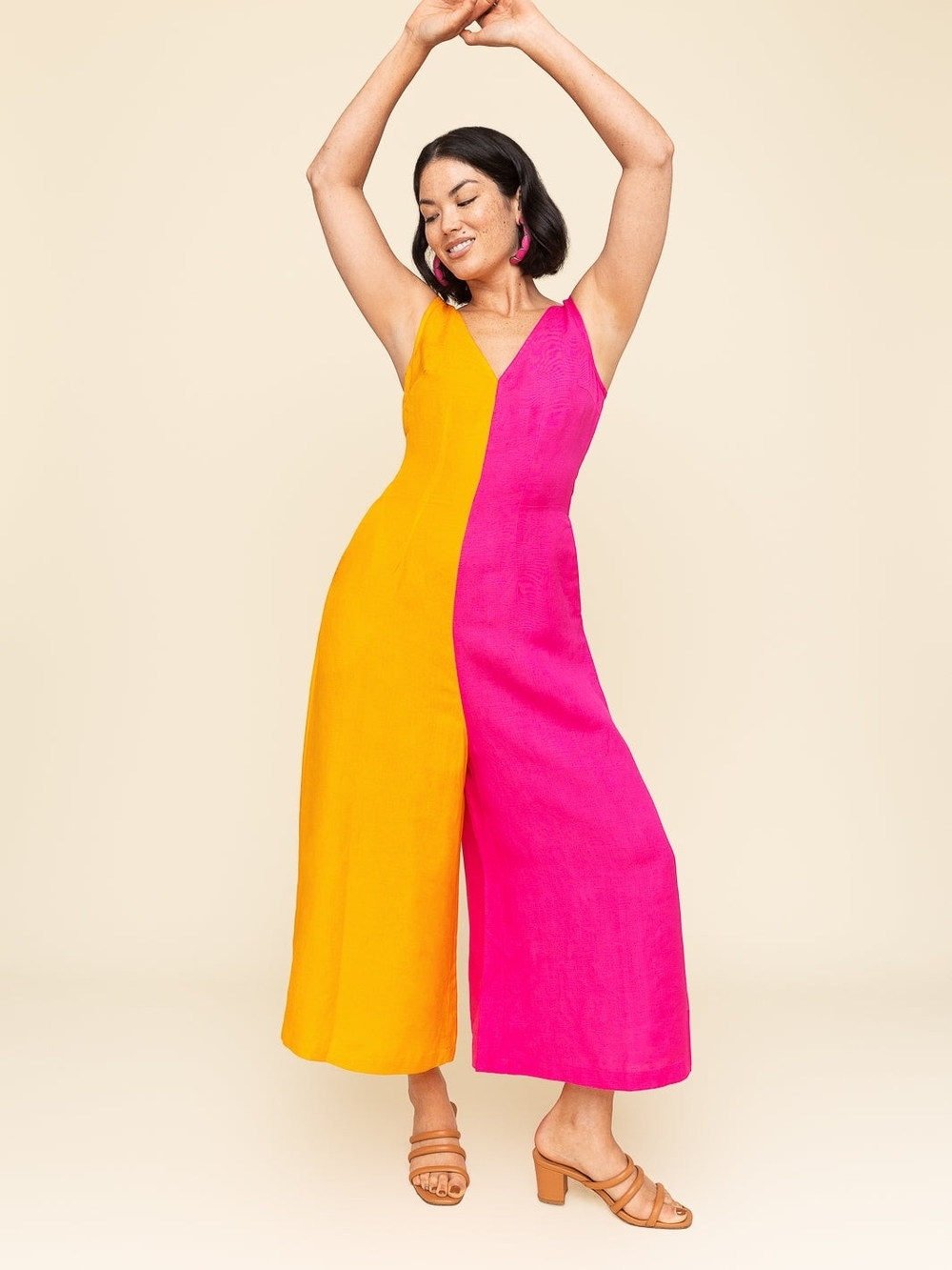 Two-Tone V-Neck Wide-Leg Linen Jumpsuit in Yellow & Pink